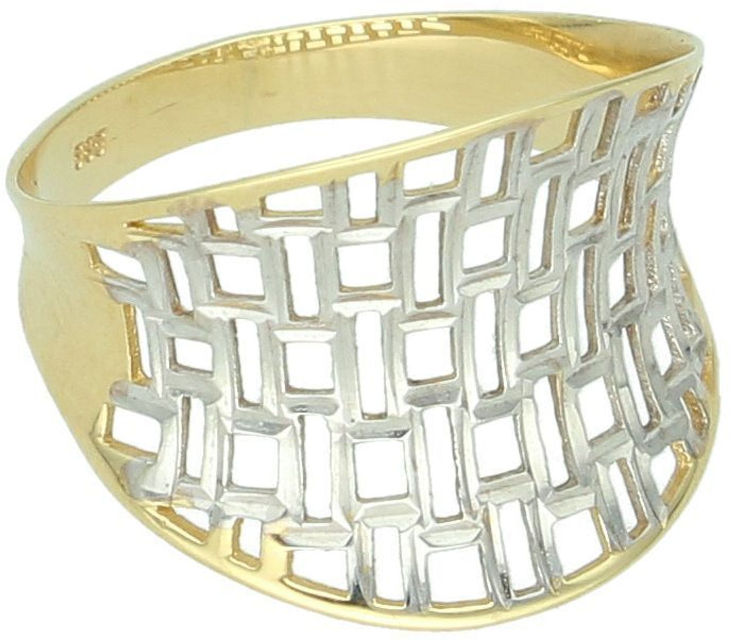 Ażurowy pierścionek damski złoty próby 585 z dodatkiem białego złota. Model P 2459, waga 1,93 g, rozmiar 14. Szerokość góry 1,5 cm, szyna dolna 3 mm. Idealny na prezent lub elegancką okazję.1.jpg